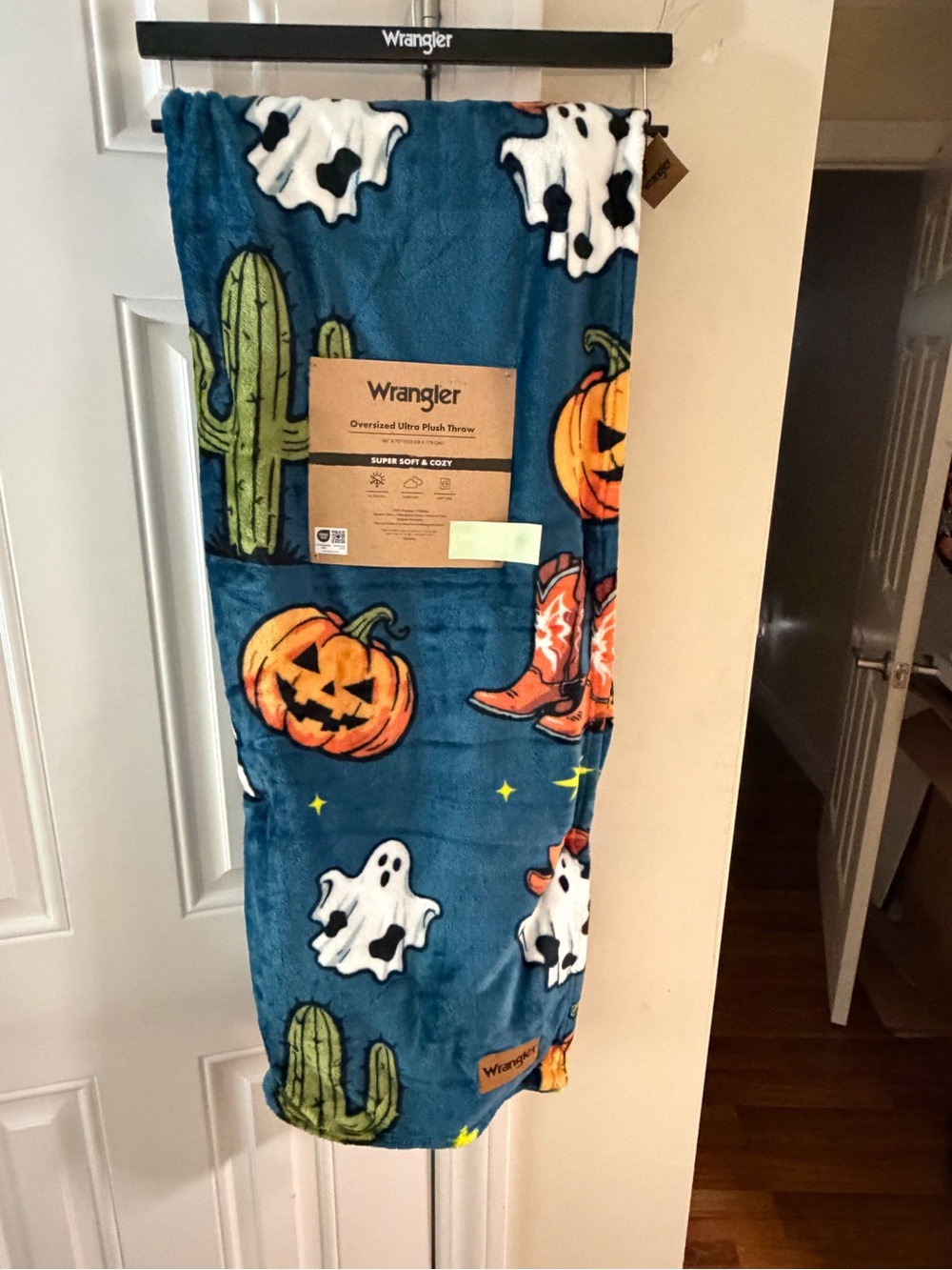 Wrangler Halloween Blue Plush Throw Blanket with Cowboy Ghosts, Pumpkins & Cacti